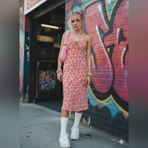 True Vintage Y2k Garage Red Floral Midi Dress Made In Canada Whimsy Coquette - Picture 1 of 8